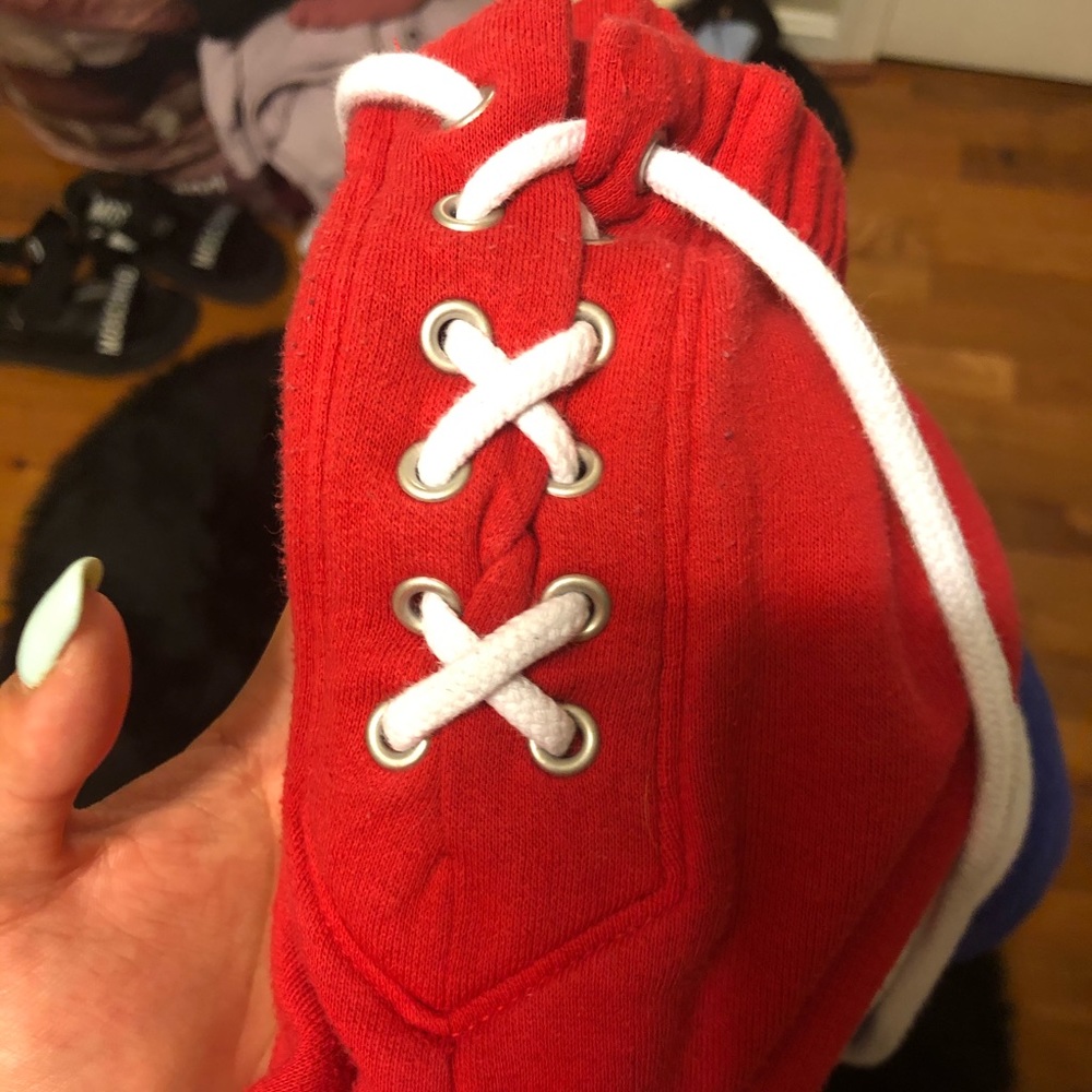 red lace up sweatpant